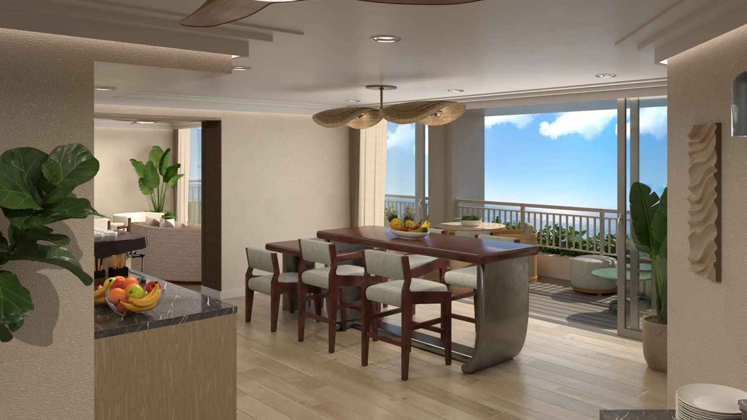 Club Lounge at a luxury resort, featuring light hardwood floors and dining table next to walk-out balcony