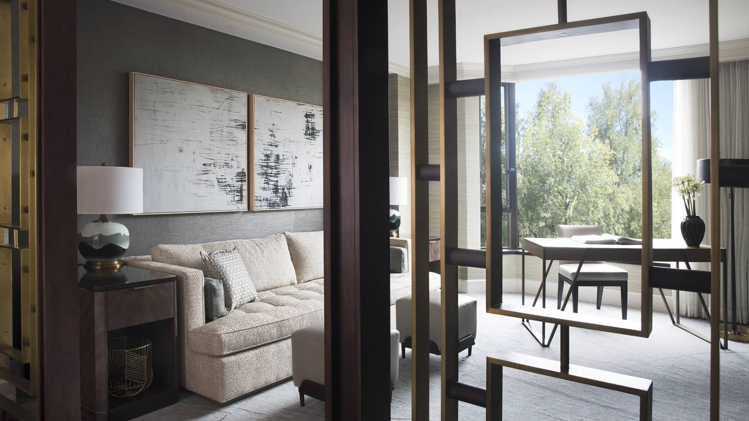 Wooden accents add decor to a sunlit living room