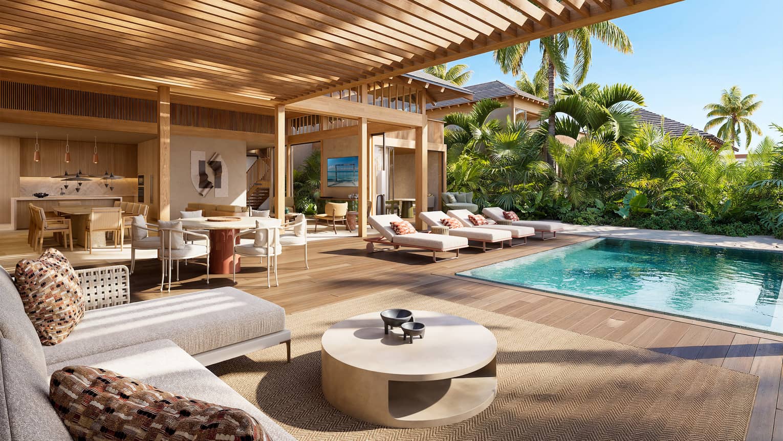 Rendering of open-air living room, dining room and pool with deck chairs