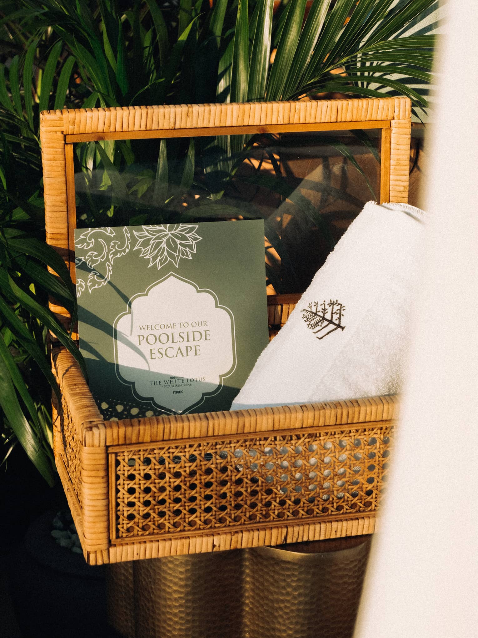 A basket beside a palm tree containing a Four Seasons towel