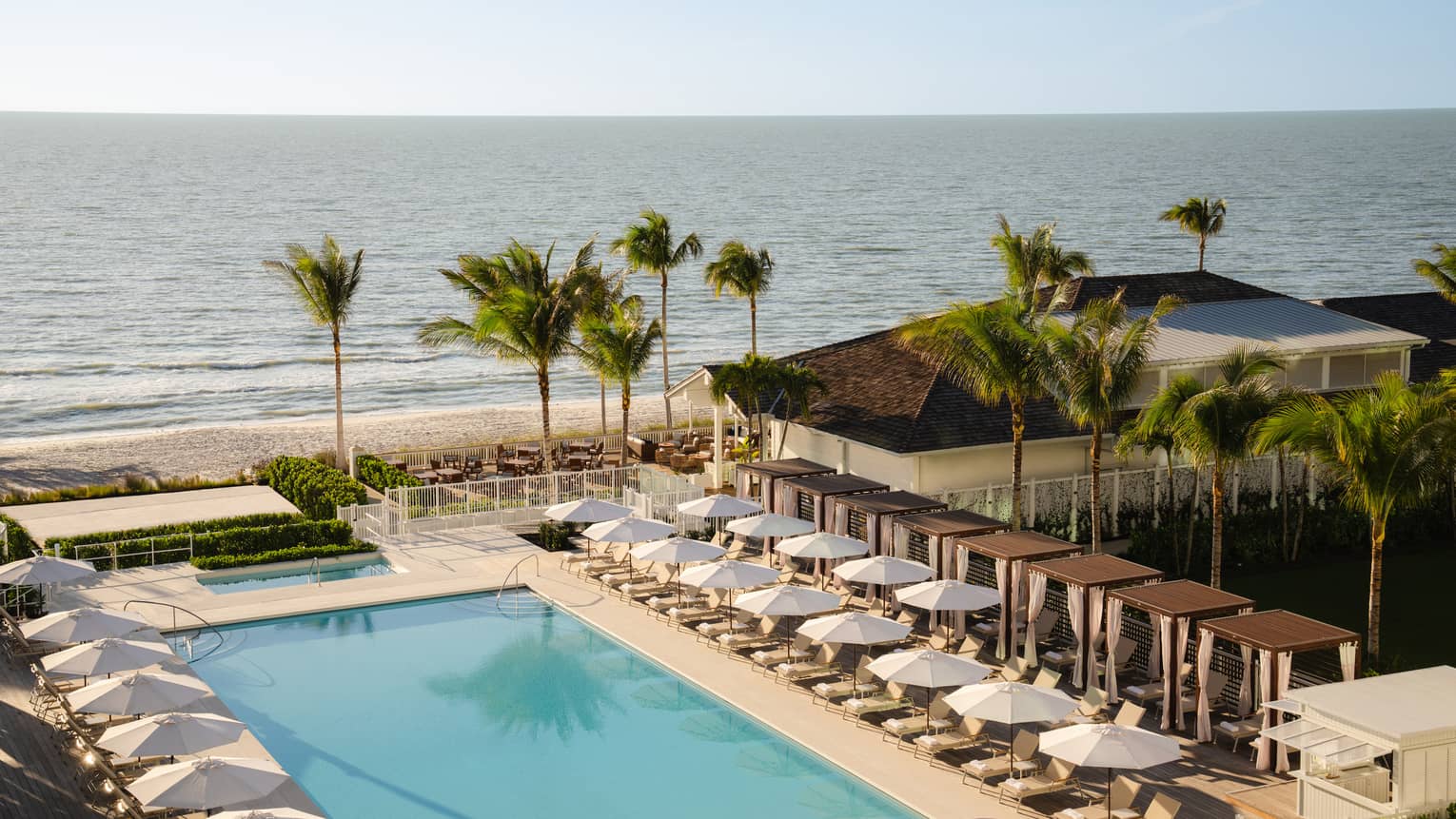 Outdoor rectangular pool surrounded by white umbrellas and lounge chairs with palm trees and the ocean just steps away