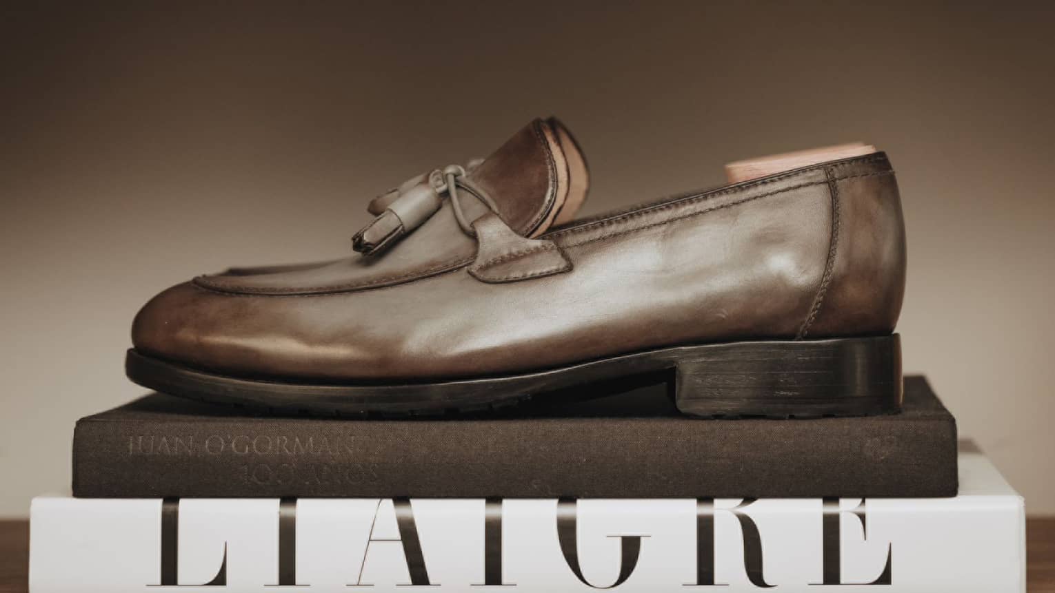 Brown leather shoe on top of two books.