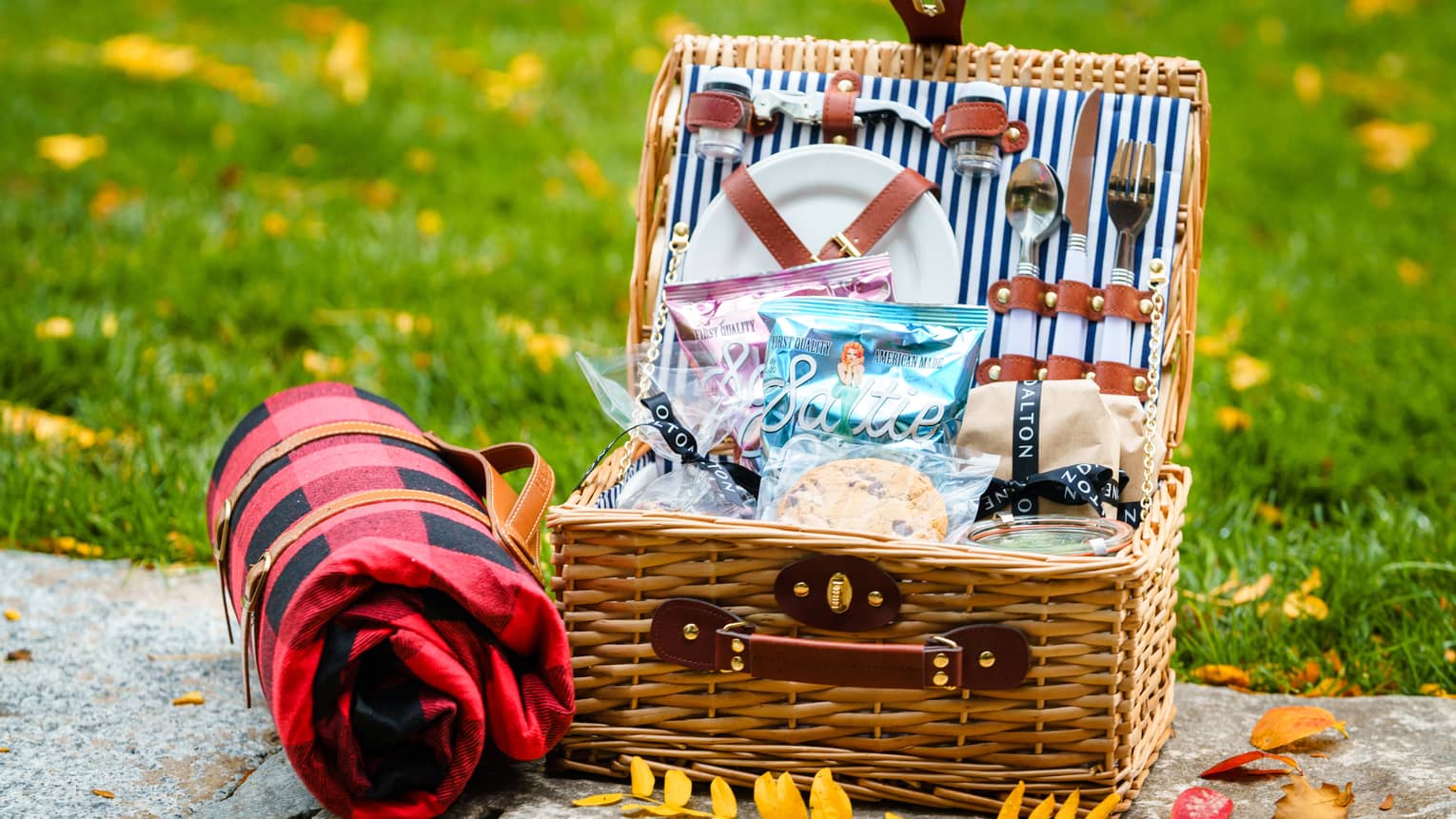 A picnic basket with plates, utensils and snacks resting on a stone near grass and yellow leaves.