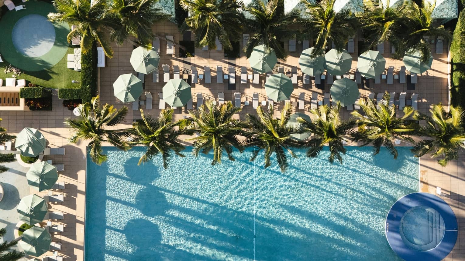 Aerial view of a large outdoor swimming pool lined with white lounge chairs, light green umbrellas and lush palm trees
