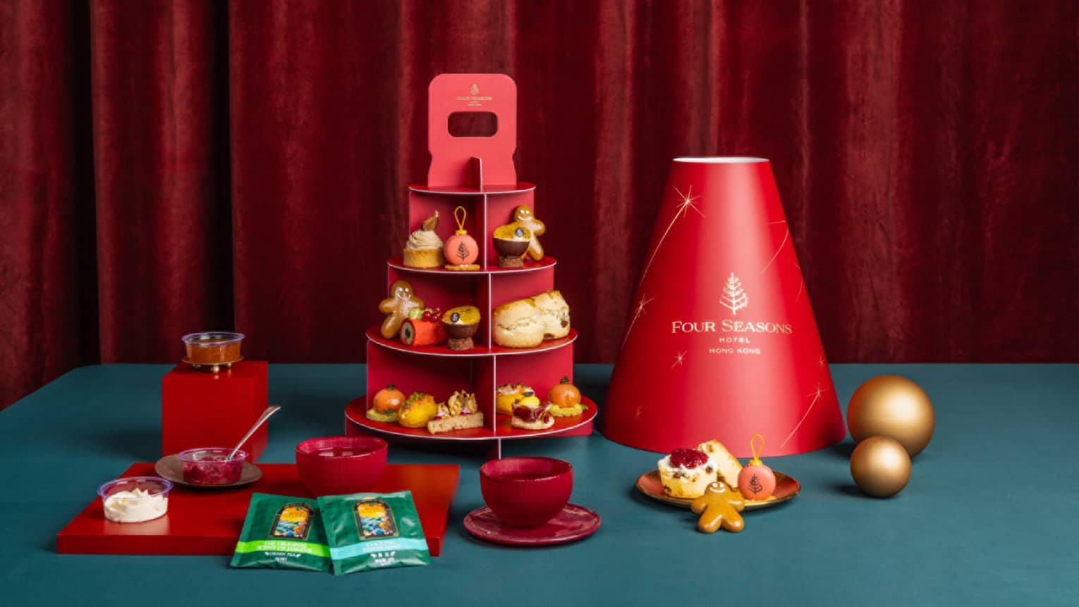 Three-tiered festive takeaway afternoon tea spread