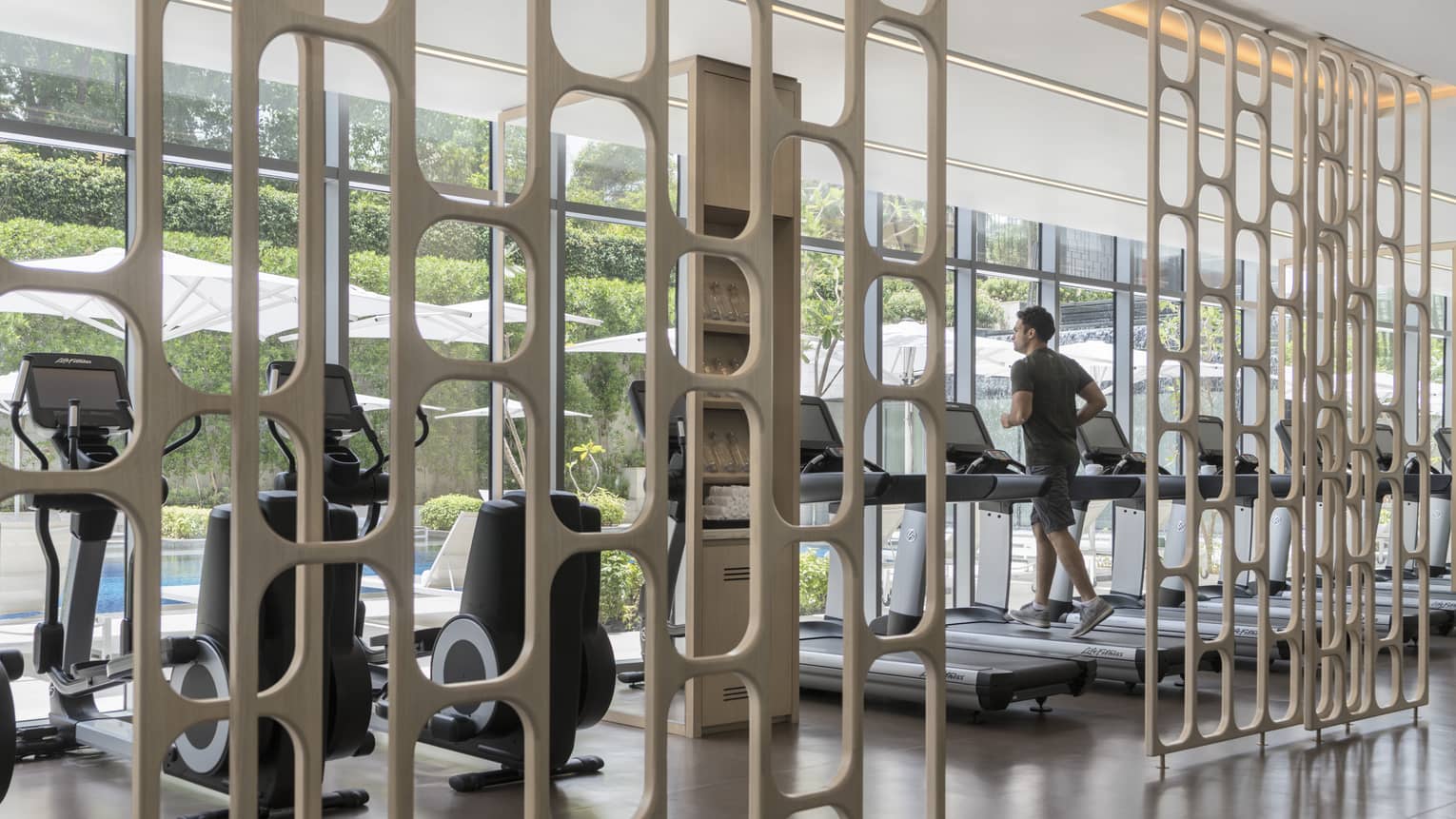 Treadmills and other exercise machines are aligned along large window