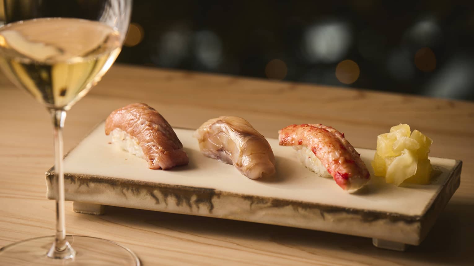 Edomae sushi on a wooden plate