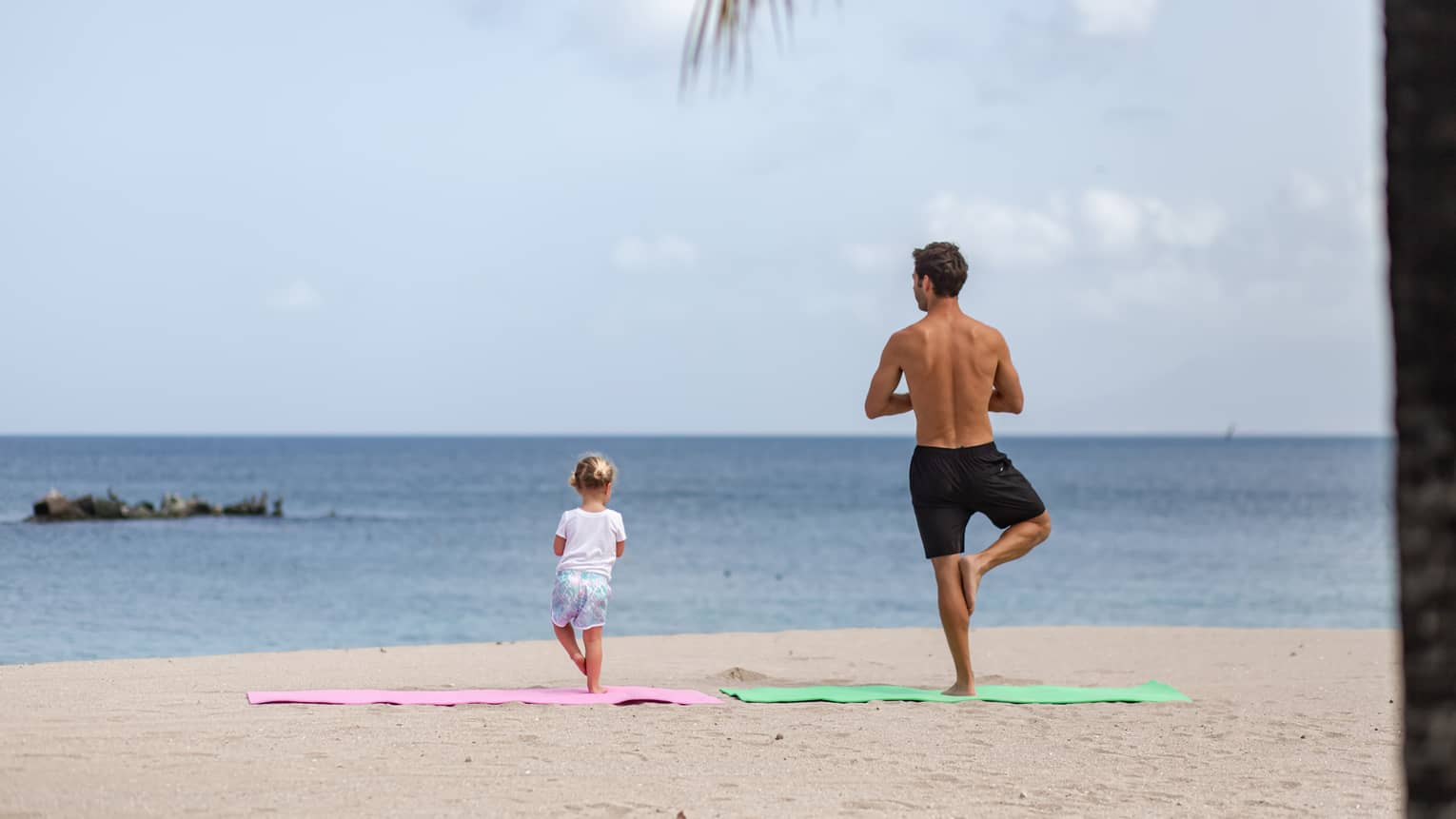 Rear view of a parent and child practicing tree pose with hands in prayer position on a sandy beach, overlooking the ocean.