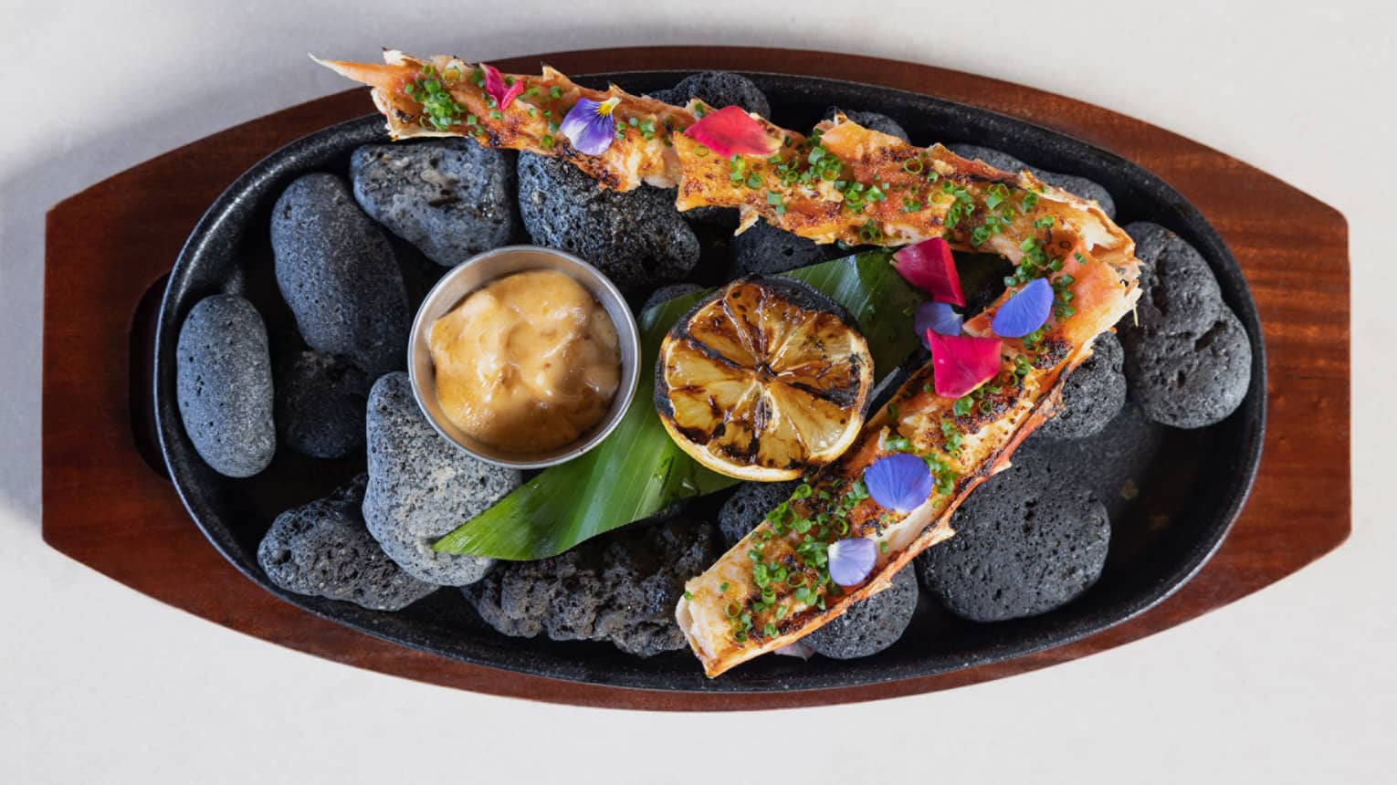 Broiled King Crab Leg with Miso Butter, Chives and Grilled Lemon