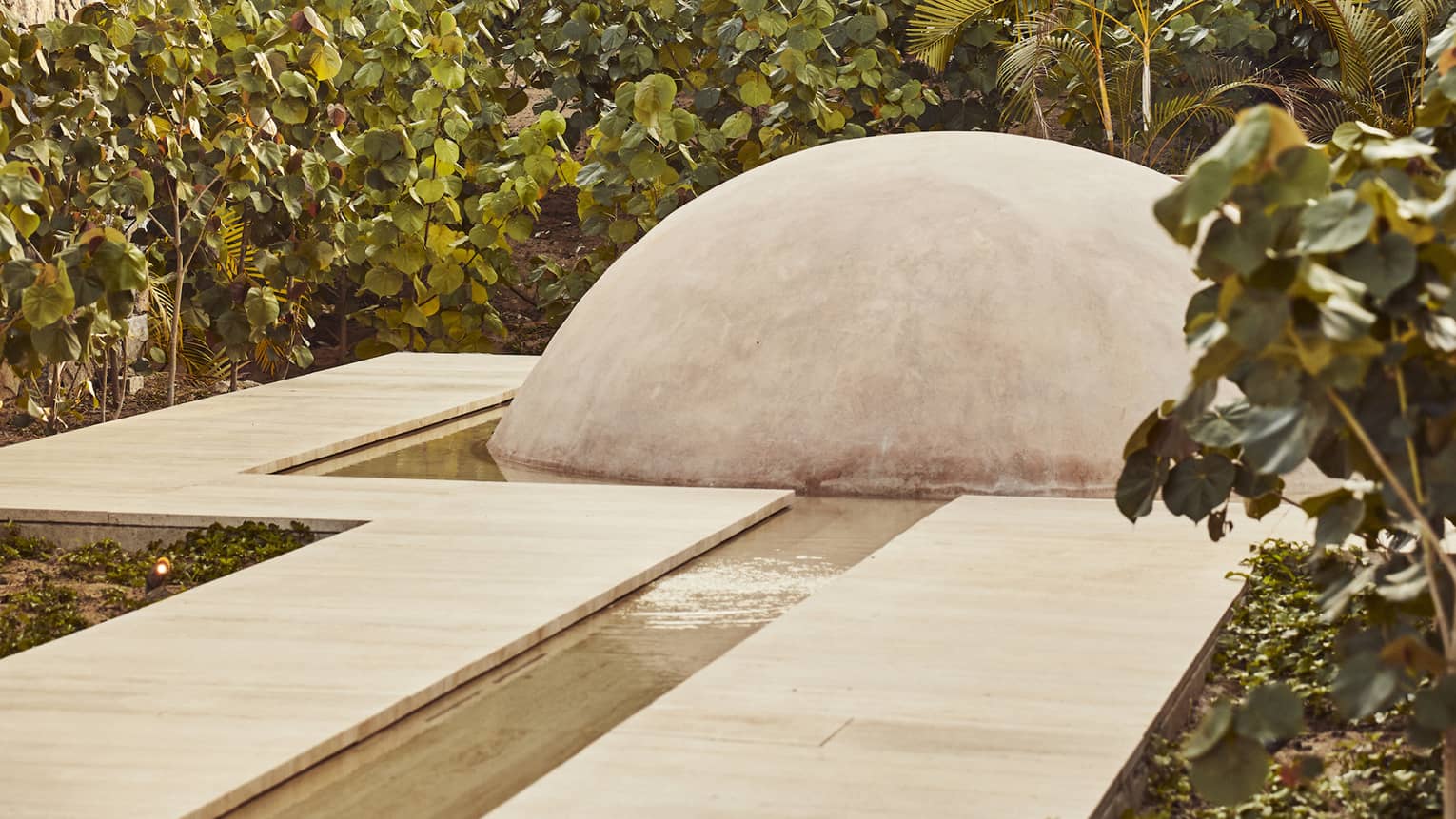 Pathway that leads to a dome surrounded by trees and leaves.