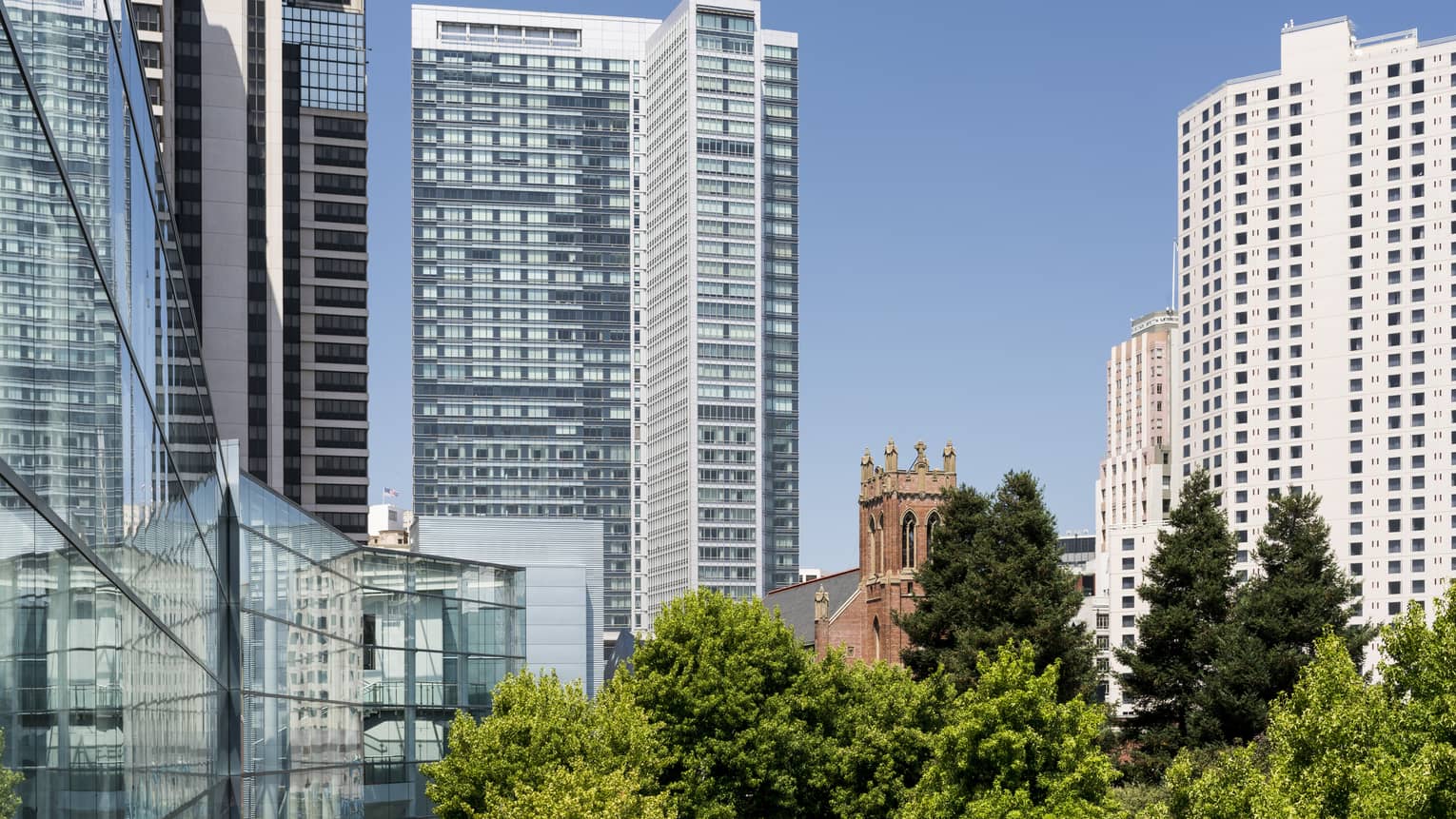 Outdoor view of tall buildings in San Francisco's Yerba Buena neighbourhood on sunny day