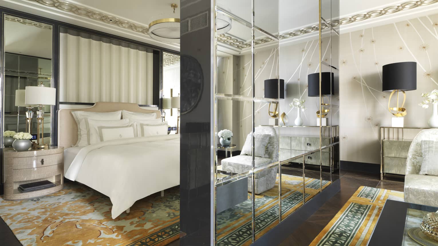 Opulent hotel bedroom with mirrored panels, a plush white bed, gold-accented decor and elegant furnishings, featuring a patterned rug and modern lighting
