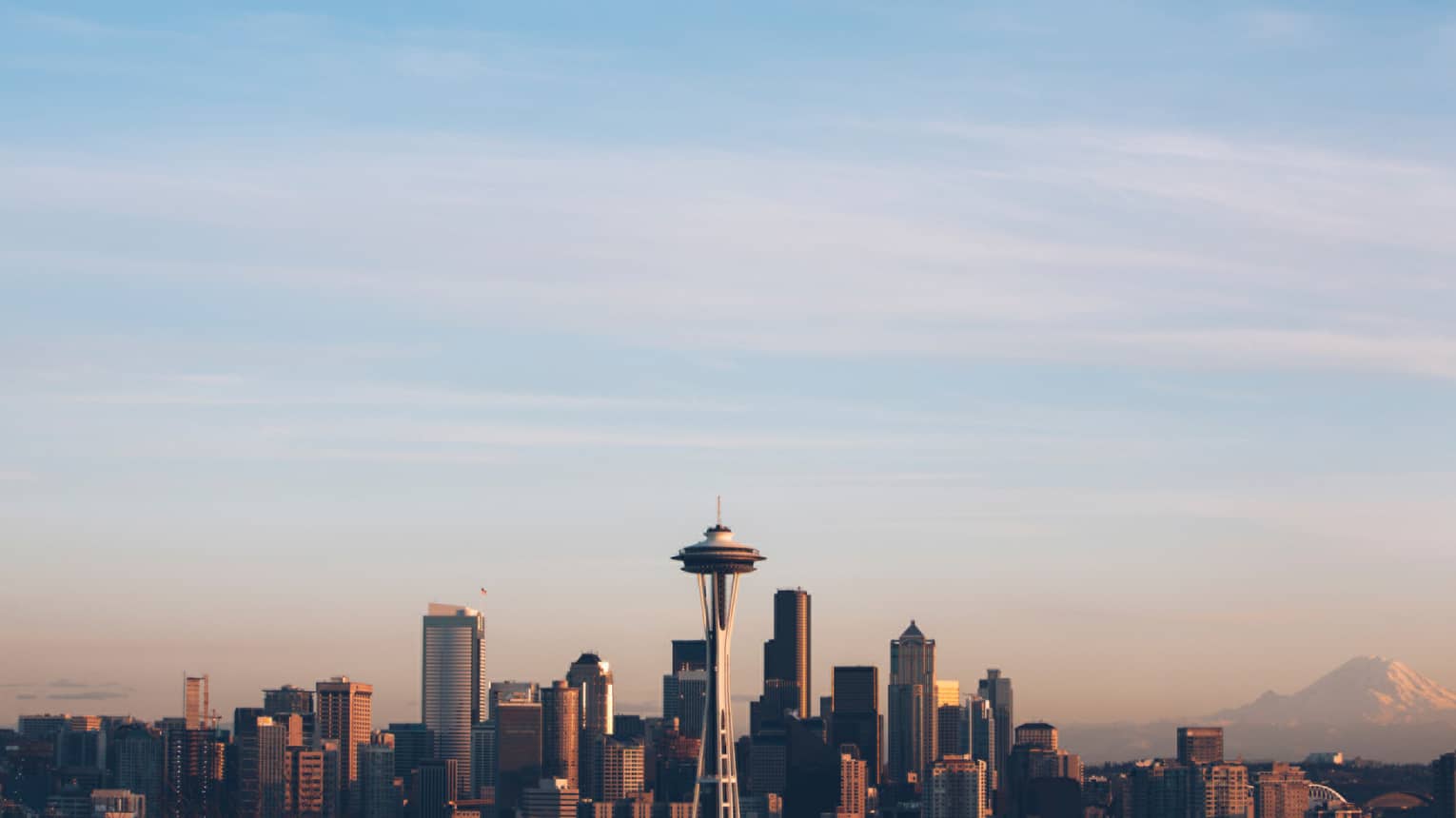The Seattle skyline a dusk is accented by the Space Needle