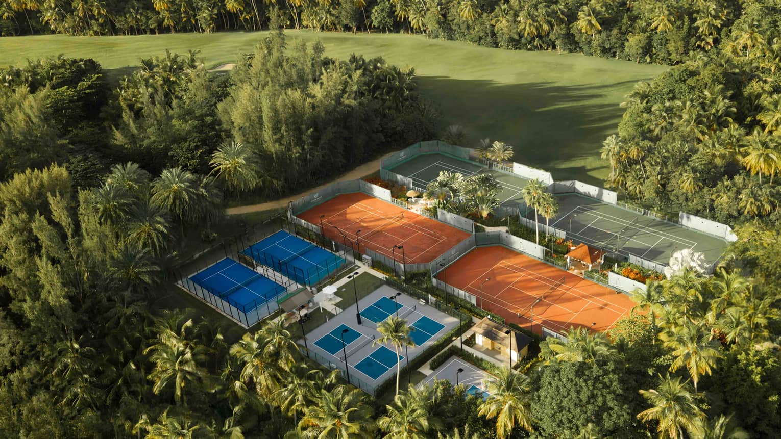 Aerial view of tennis courts at tropical resort
