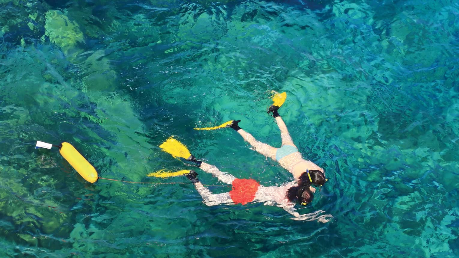 View from above of two guests in flippers snorkelling hand in hand, surrounded by crystal turquoise waters.