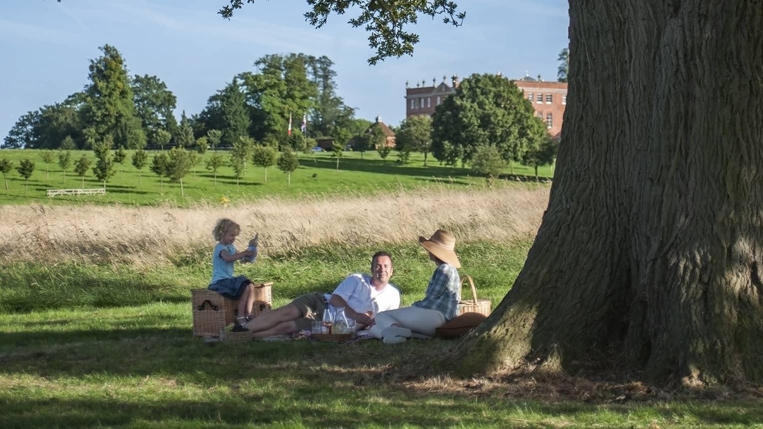 Family of three enjoying a picnic under a large shade tree on the grounds of Four Seasons Hotel Hampshire