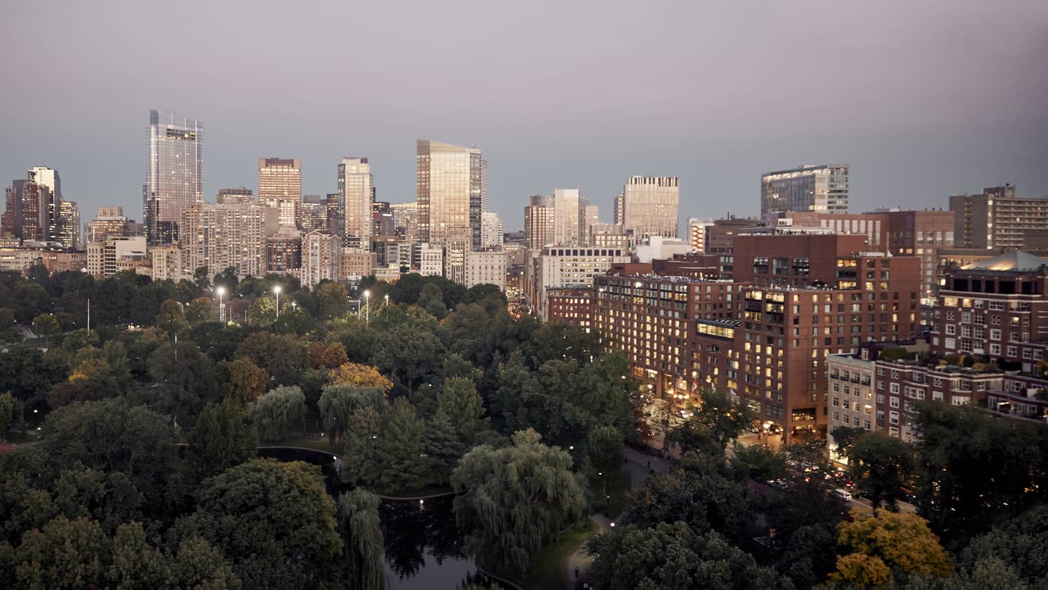 Aerial view of Boston Public Garden canopy of green trees and pond, buildings with lit windows and Boston city skyline at dusk