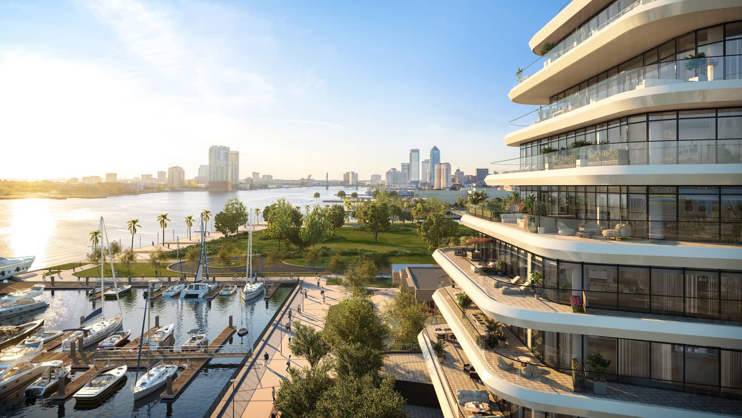 Rendering of building exterior and city skyline