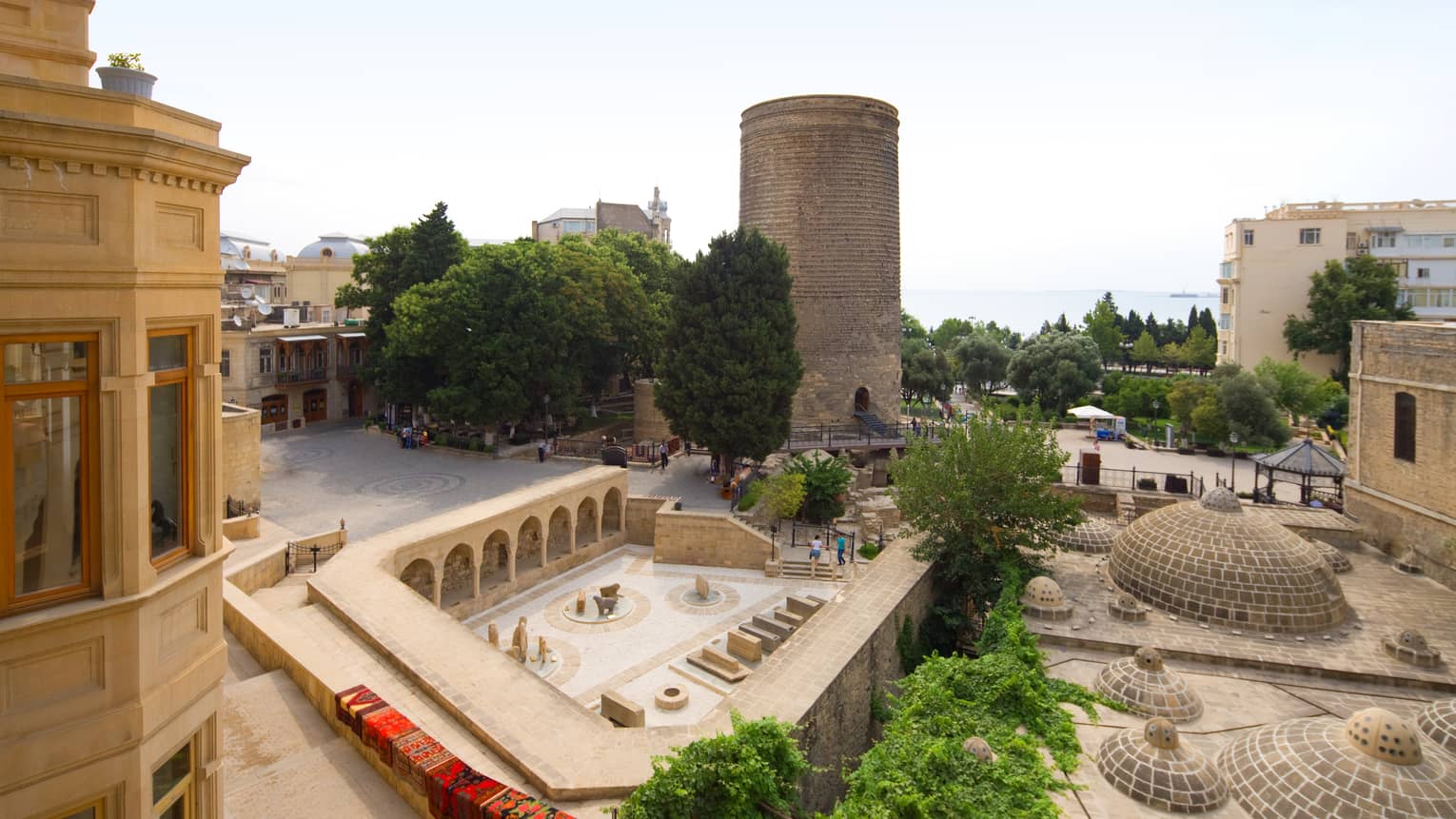 Aerial view of 12th century Icheri Sheher, or The Inner City, historic walls on a sunny day