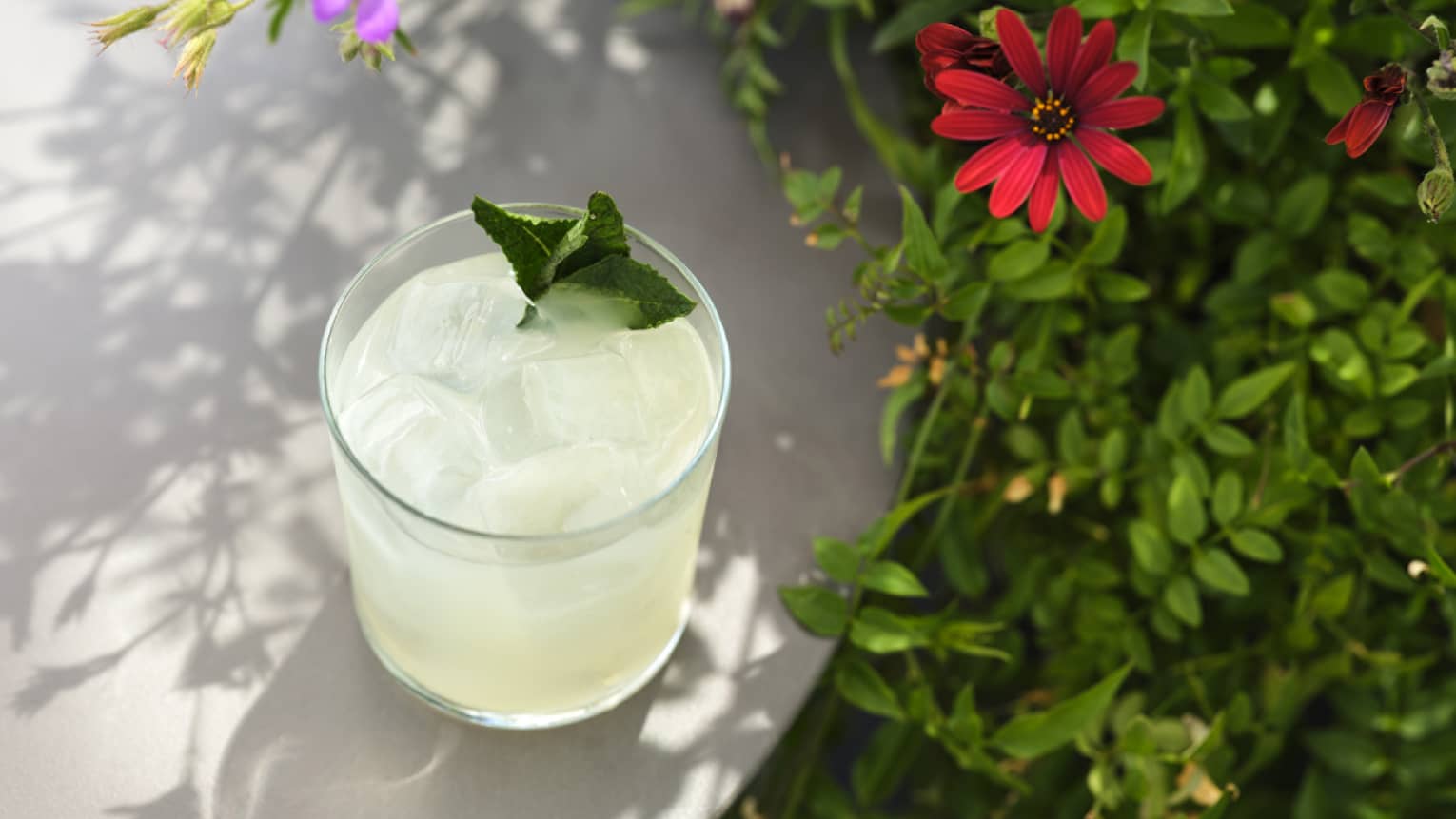 Pale green cocktail in old-fashioned glass with basil garnish on round table by flowers