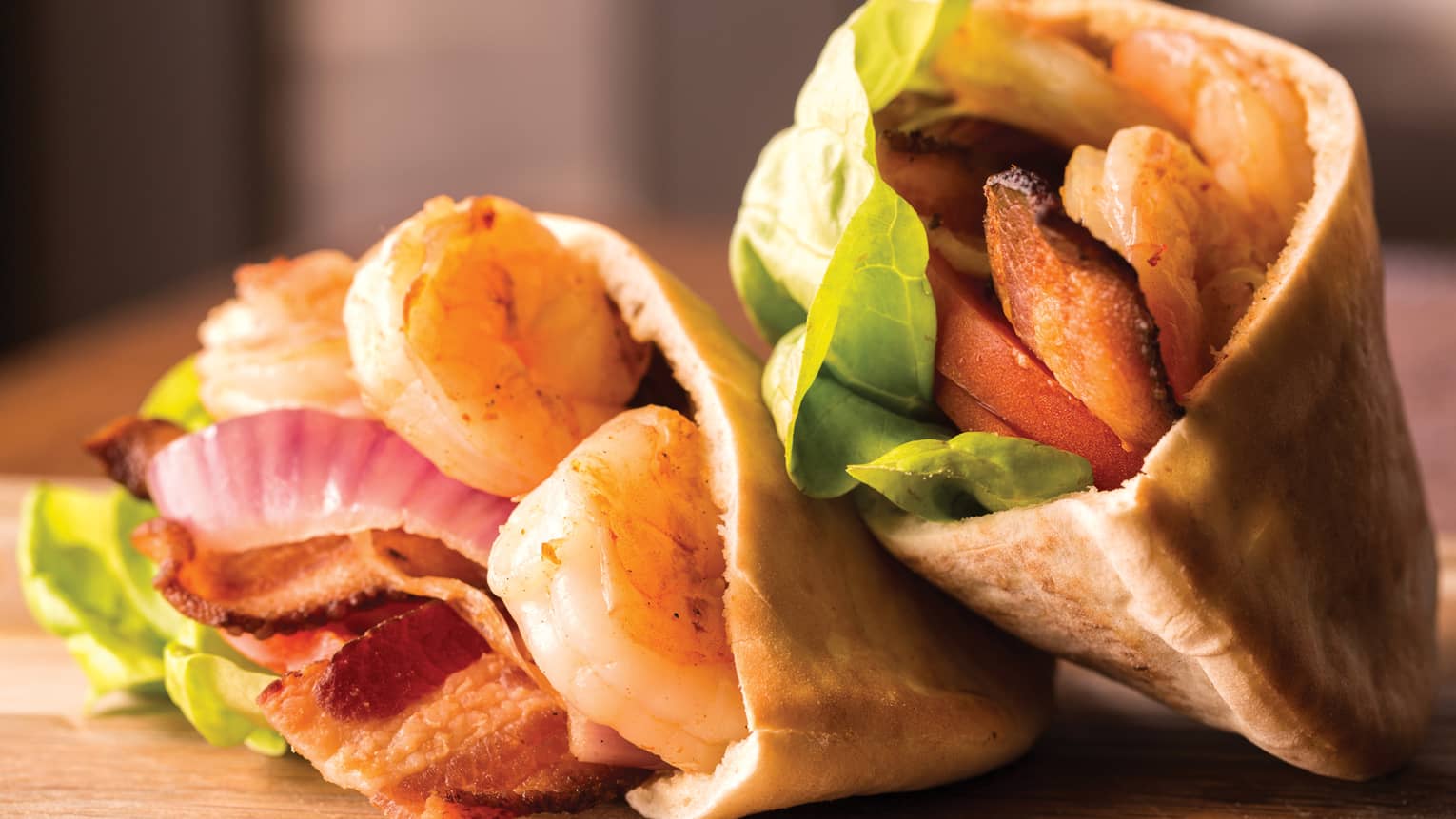 Hulopoe Bay Prawn B.L.T., shrimp, bacon, lettuce and tomato in pita wraps