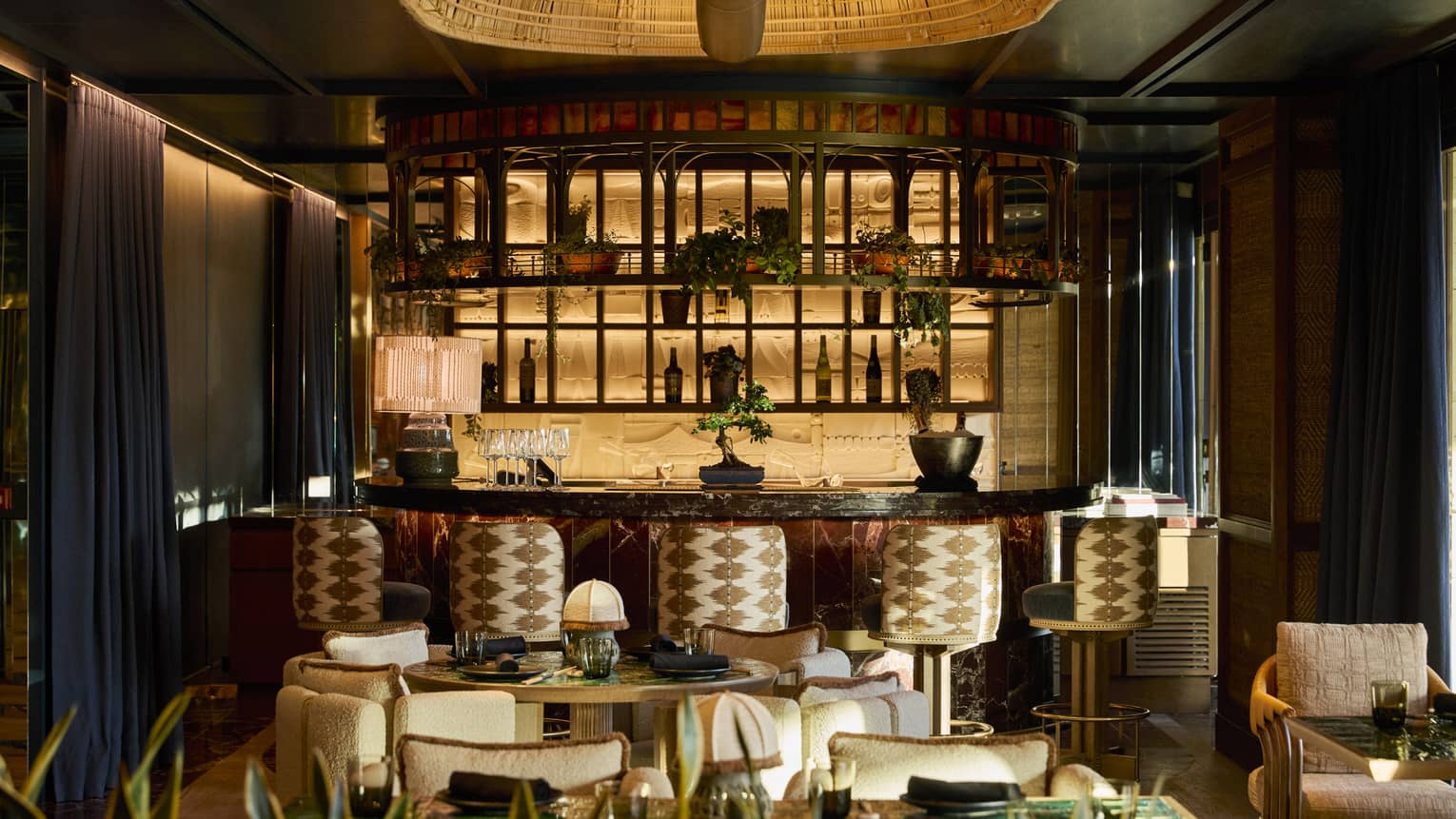 A modern bar area with patterned bar stools, wooden shelving and green plants