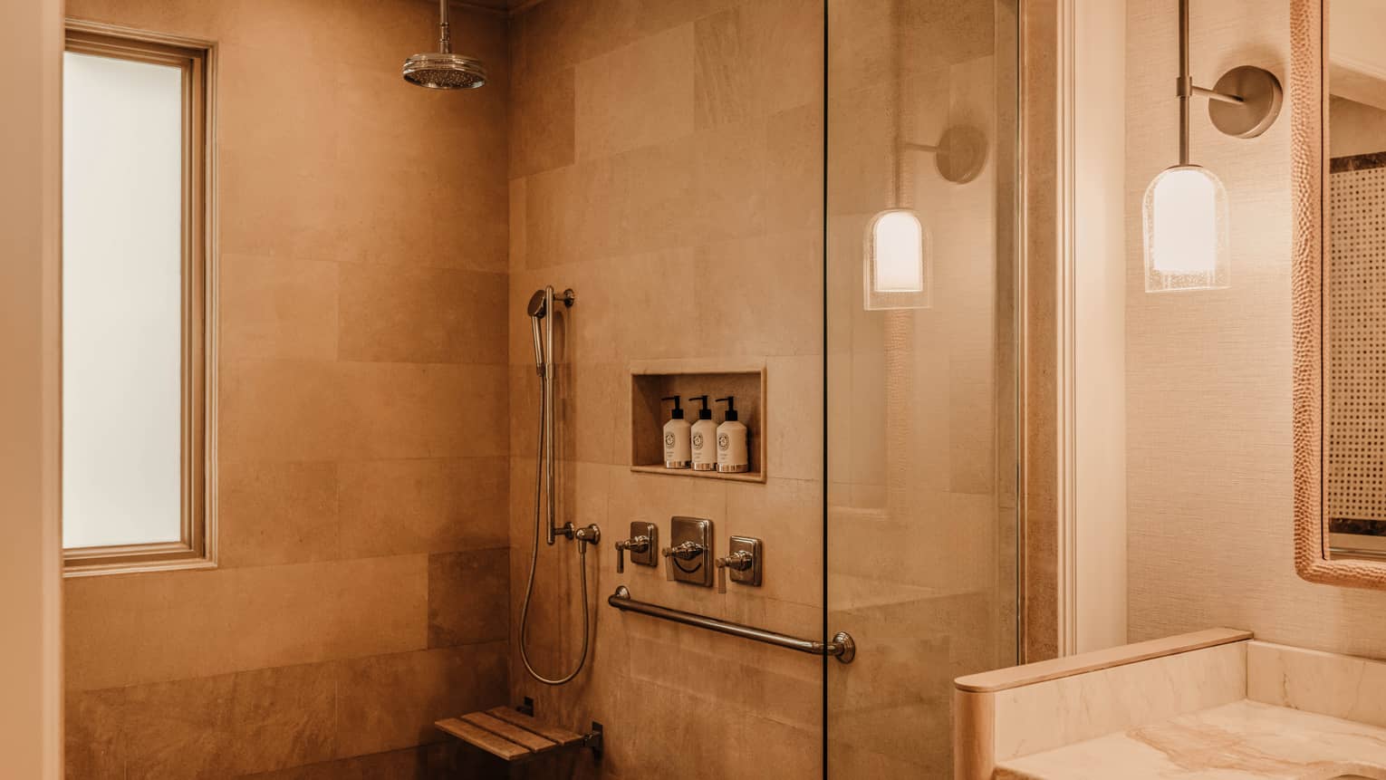 Mobility-accessible shower in a bathroom