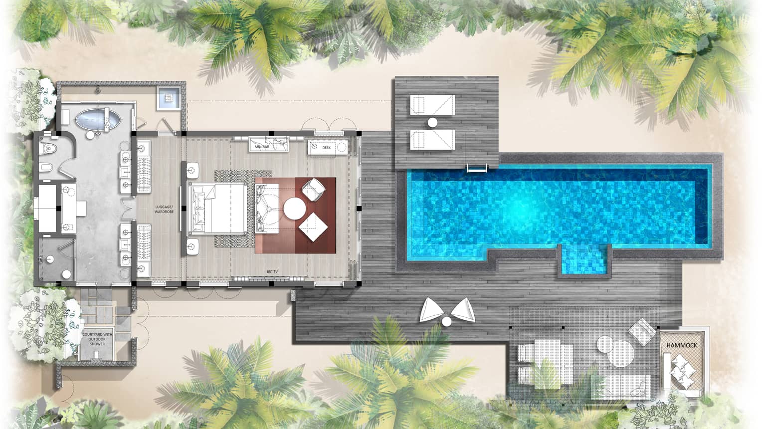 Floorplan of Oceanfront Bungalow with Pool at Four Seasons Maldives at Landaa Giraavaru