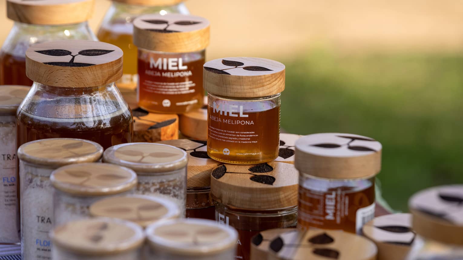 A close-up view of jars of honey