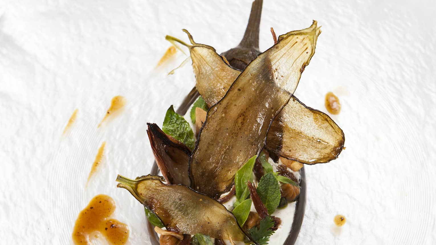 The Eggplant Signature Dish, served with basil and a creamy sauce