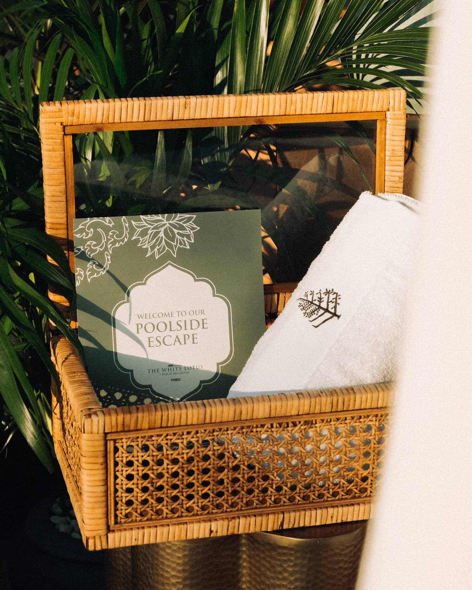 A basket beside a palm tree containing a Four Seasons towel