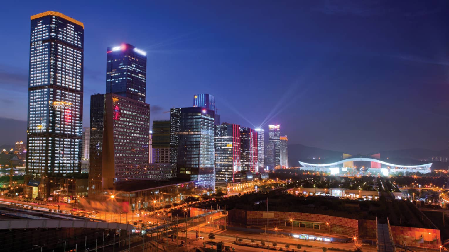 Four Seasons Hotel Shenzhen high rise buildings with lights at night