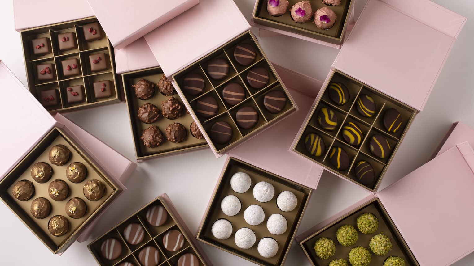 Nine square, pink boxes set on a white background, each open to reveal nine chocolate truffles within, each a different kind