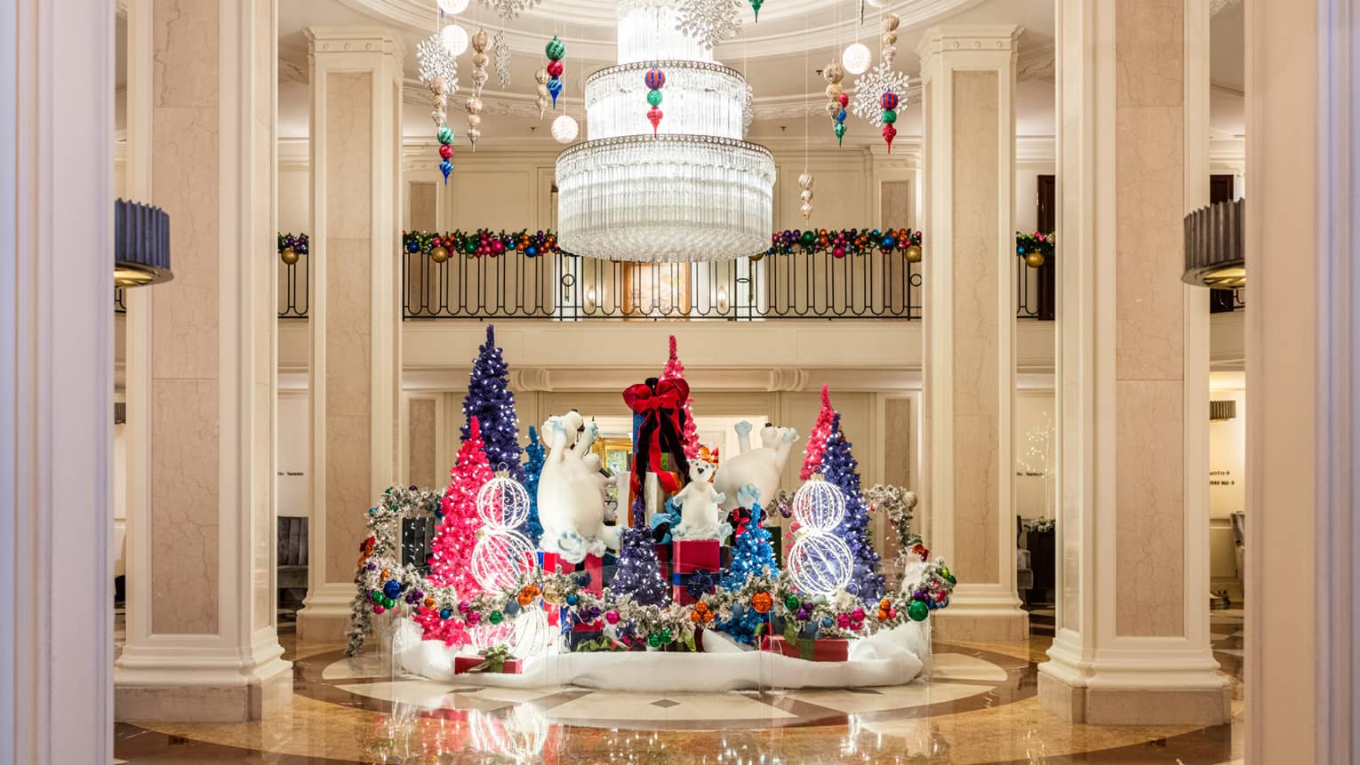 Festive decorations in the middle of a lobby.