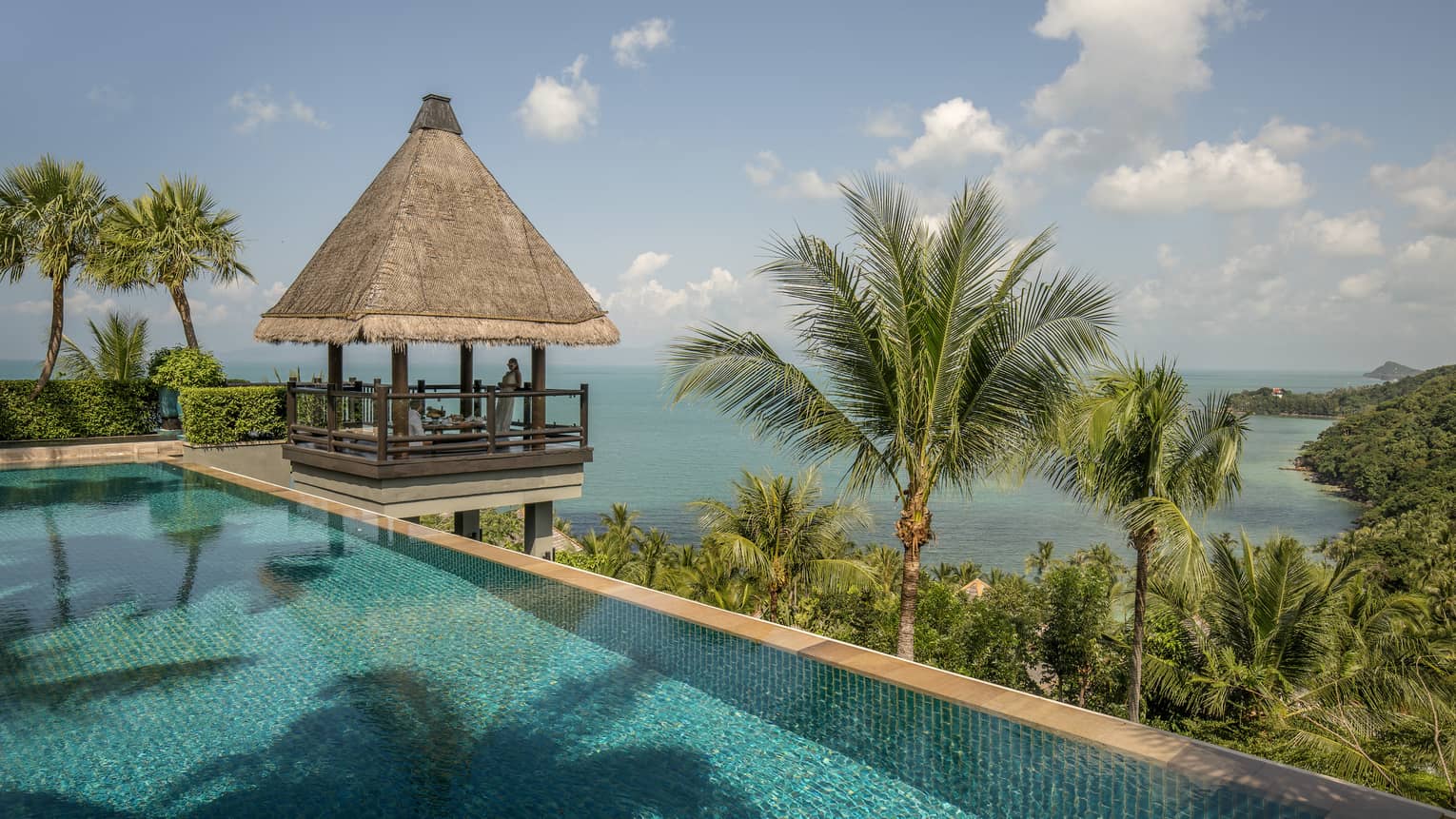Thatched-roof pavilion at edge of outdoor swimming pool overlooking tropical trees, mountain, ocean