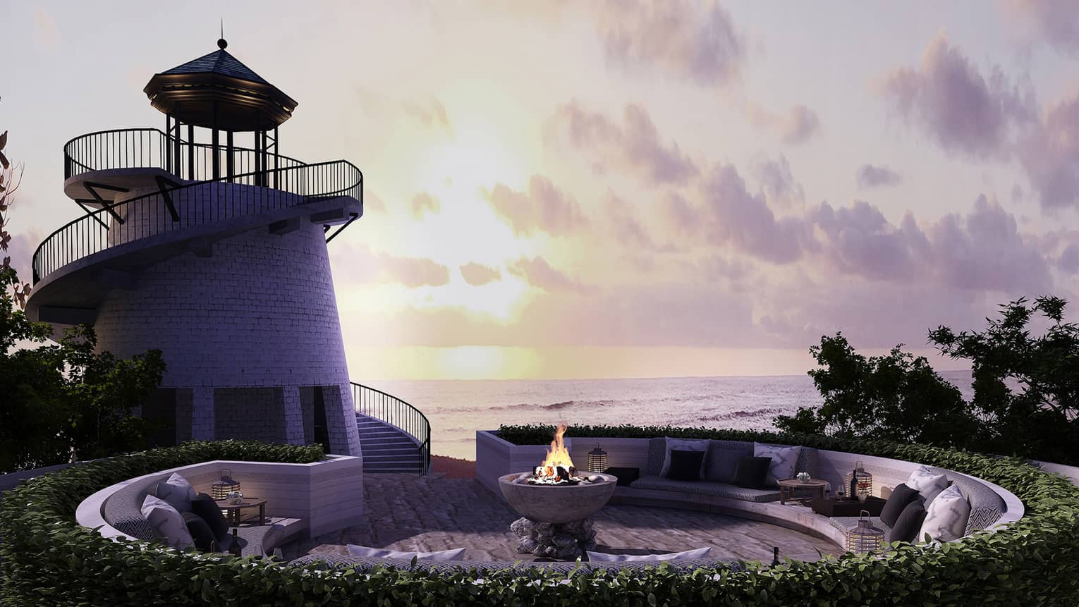 Spiral staircase around small lighthouse leading to brick patio lounge with outdoor fireplace at dusk