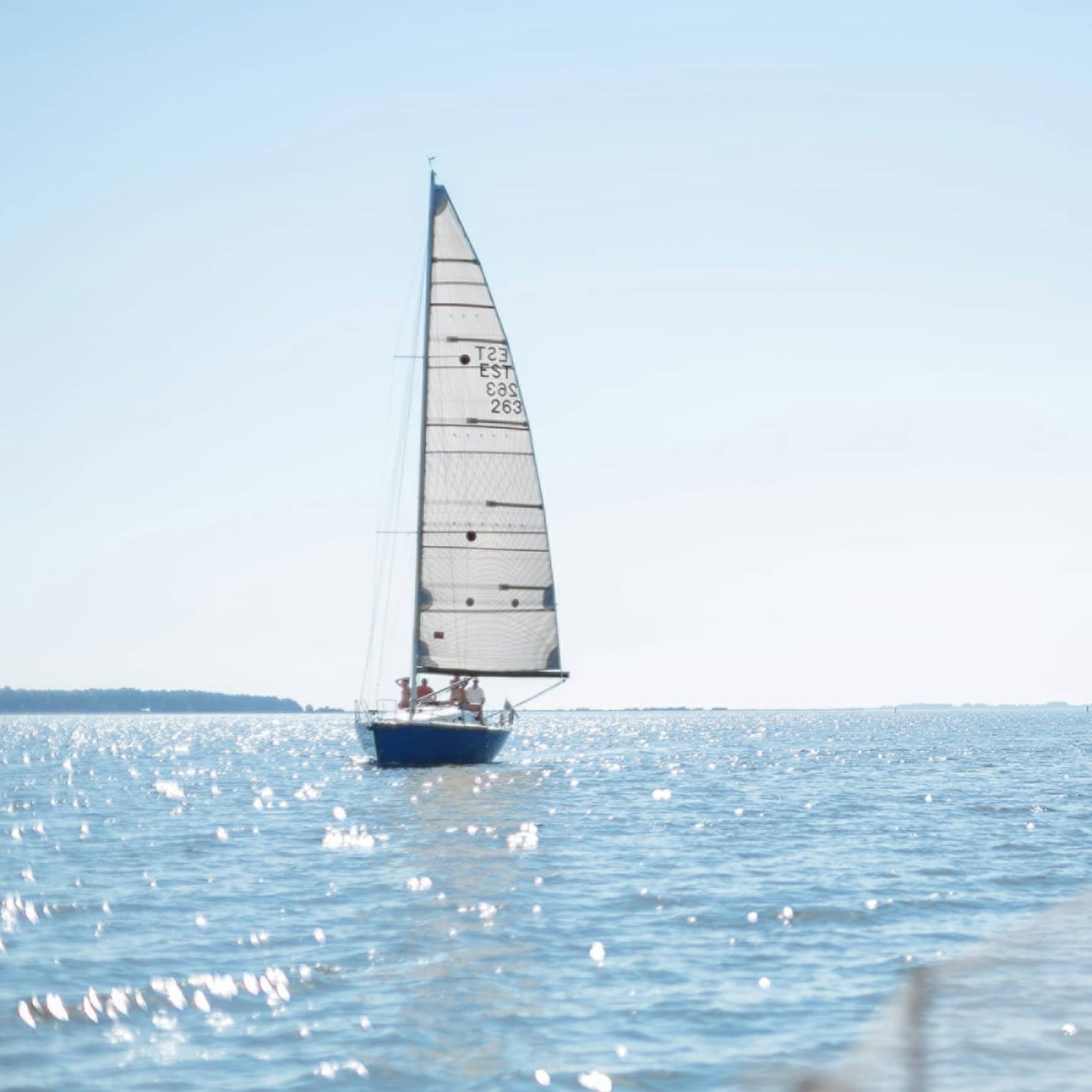 In the foreground, a passenger on the deck of a boat watches a distant sailboat over sparkling water in the bright sun.