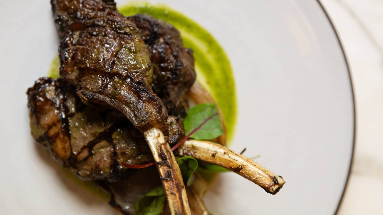 Lamb chops on a plate with green sauce