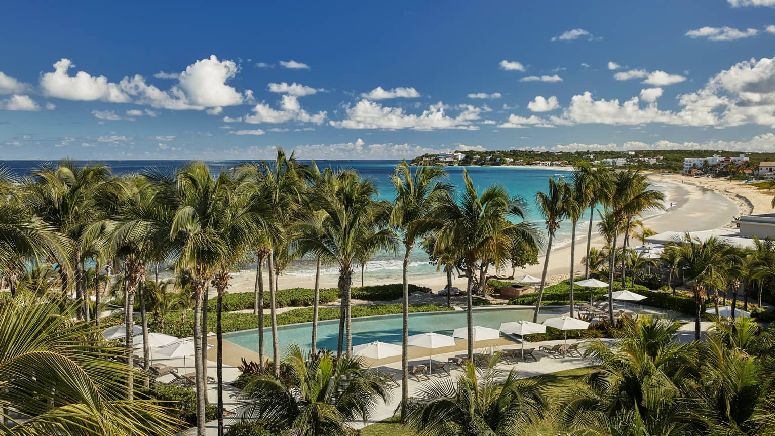 Aerial view of Bamboo Pool surrounded by tall palms, white patio chairs and umbrellas, steps from sand beach and ocean