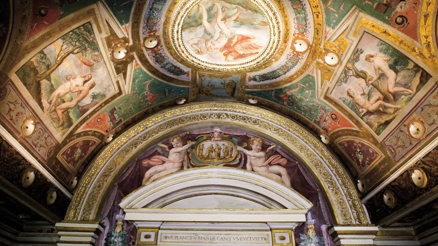 Painted murals on arched ceiling