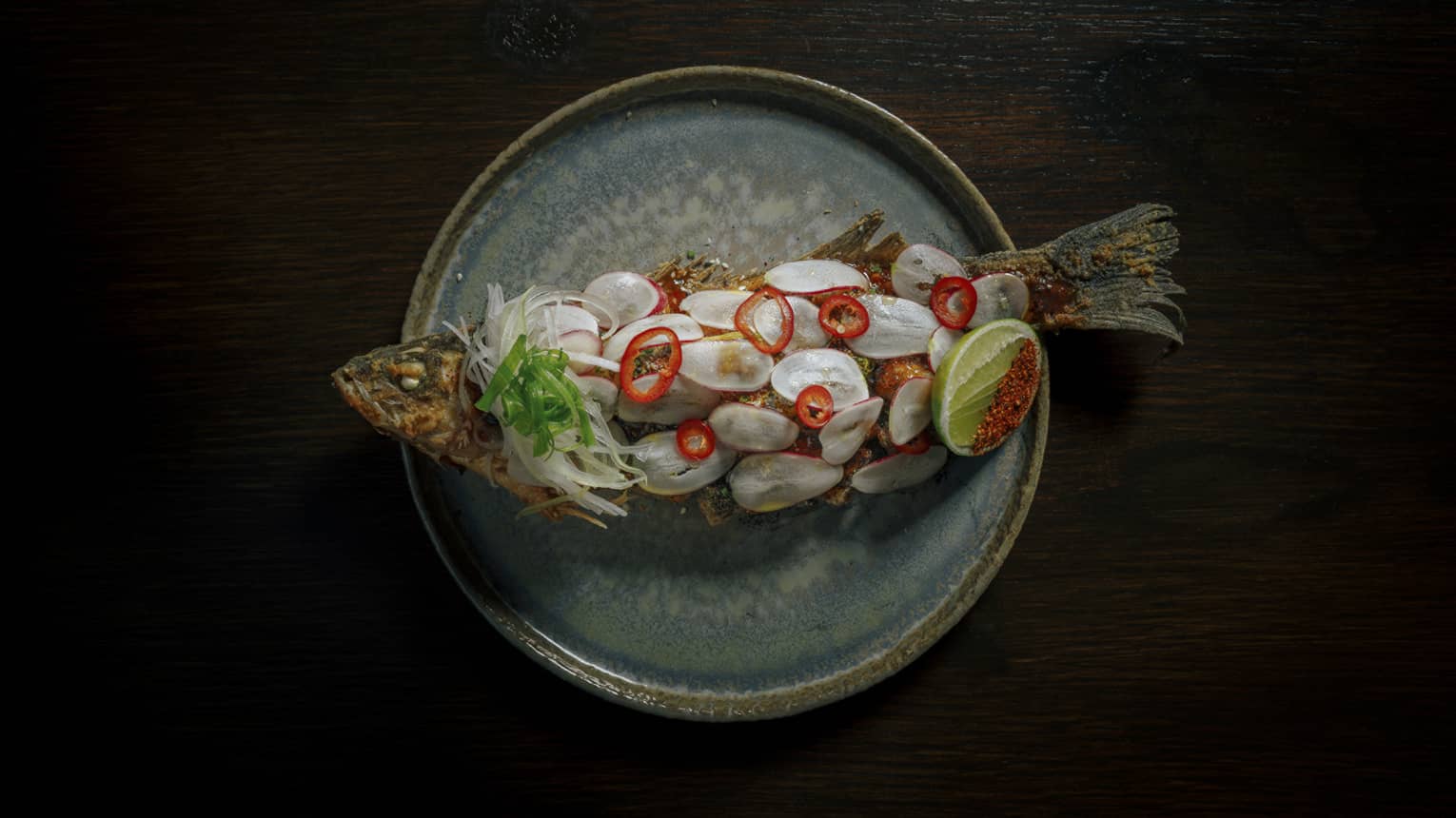 Branzino plated on a blue stoneware plate on a black background