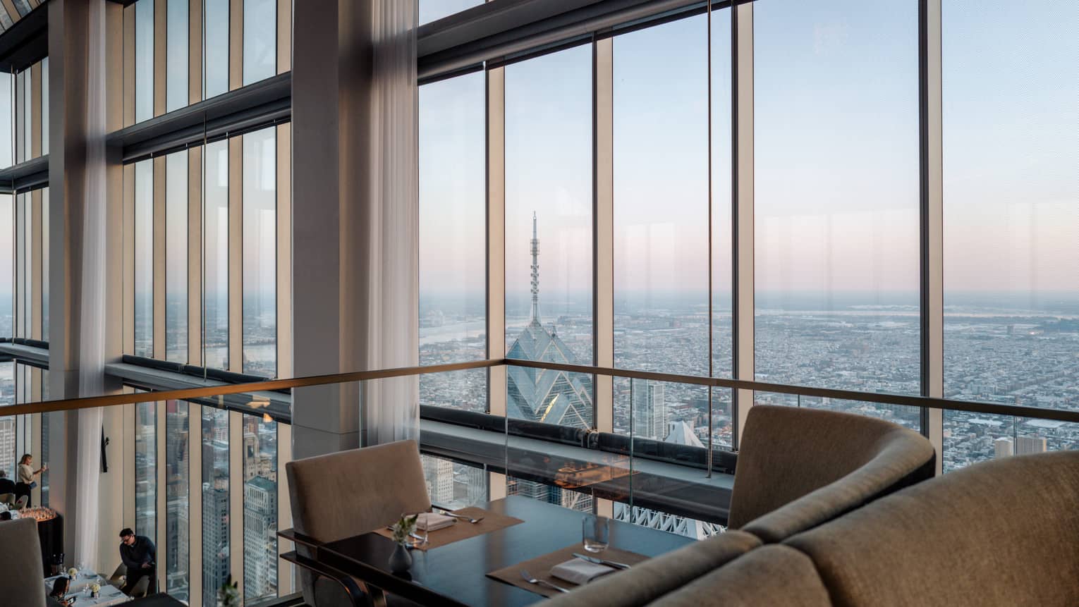 Skyline city views from luxury hotel lounge