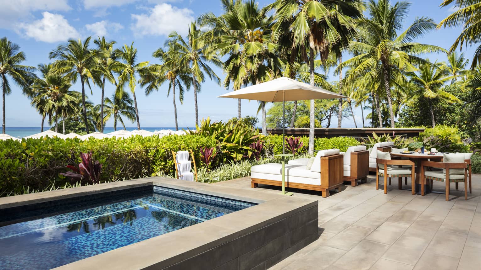 Luxury resort suite private terrace featuring a small rectangular pool, wooden lounge chairs with flush white cushions, and a dining table with palm tree ad ocean views