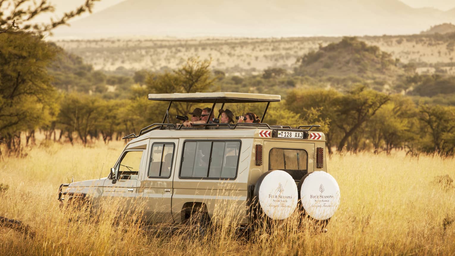 Guests peek out from white safari jeep roof in tall grass of Serengeti park