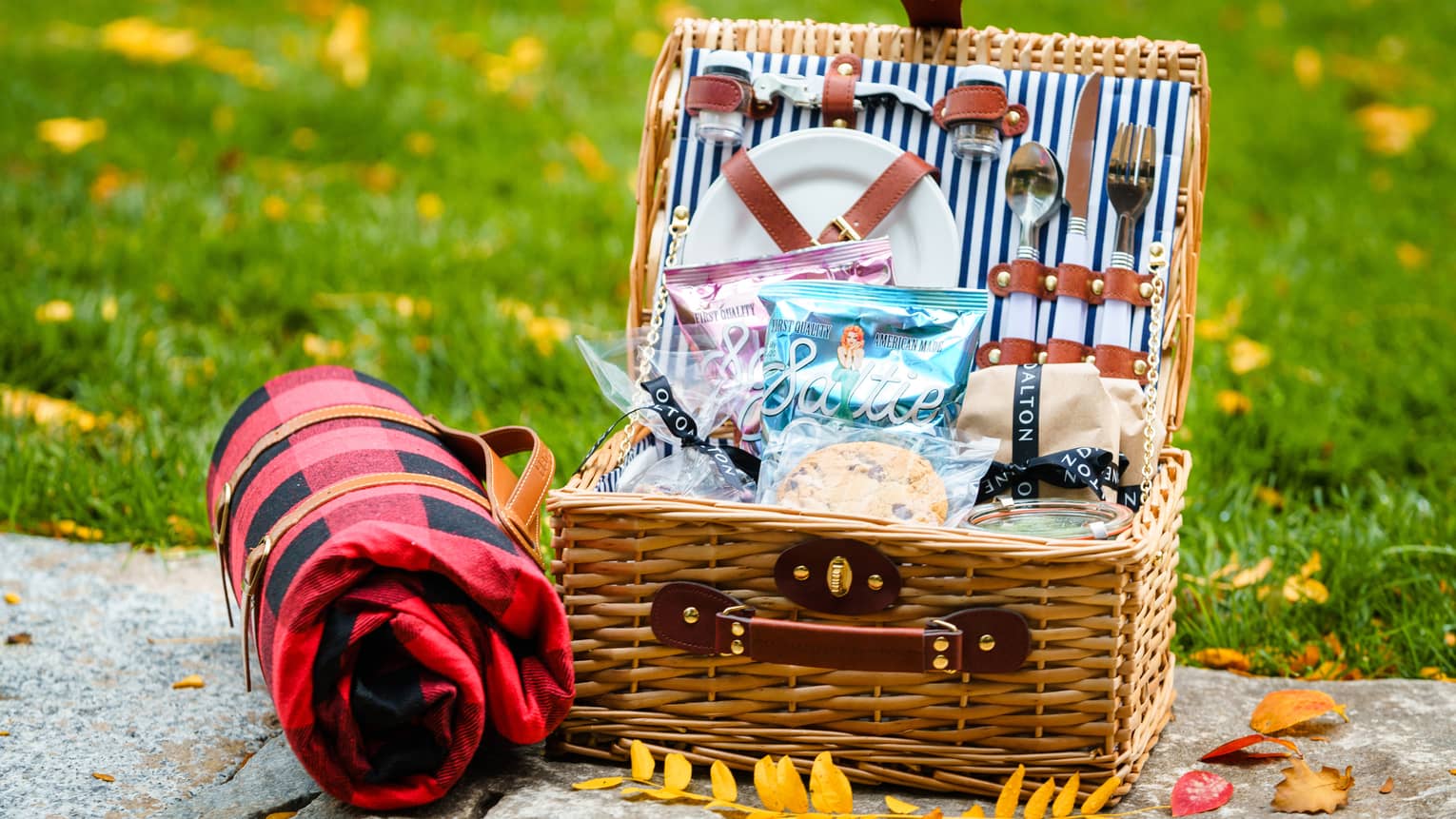 A picnic basket with plates, utensils and snacks resting on a stone near grass and yellow leaves.
