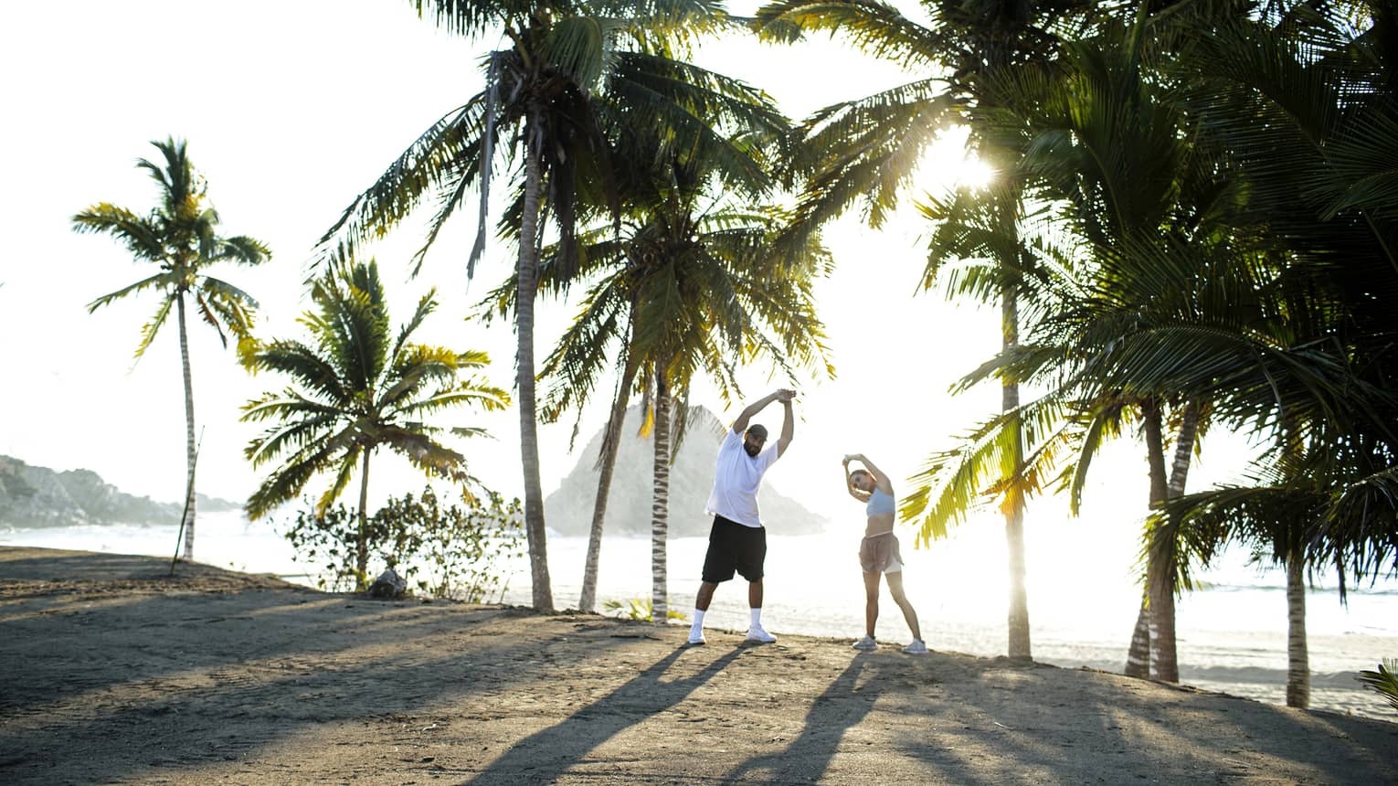 Two people stretch in front of a collection of palm trees on a beach