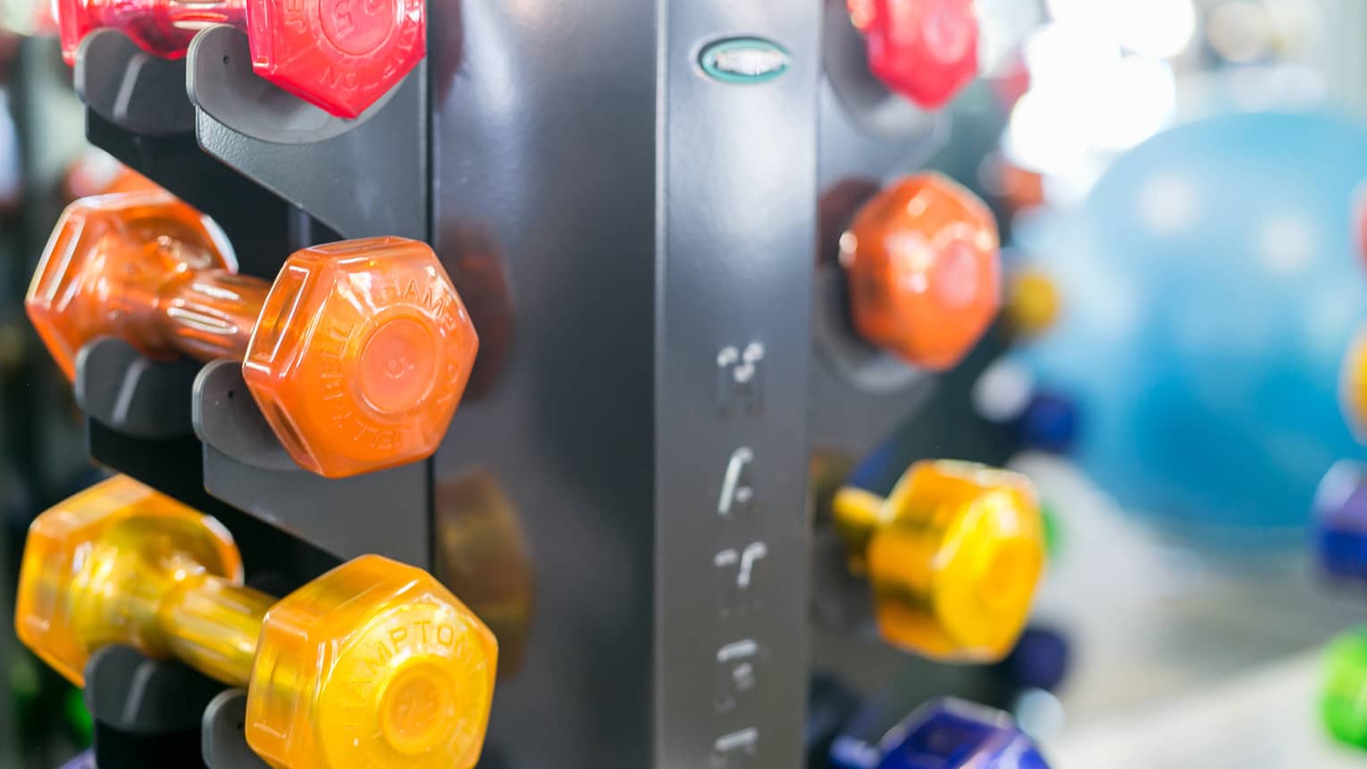 Colourful hand weights stacked in holder