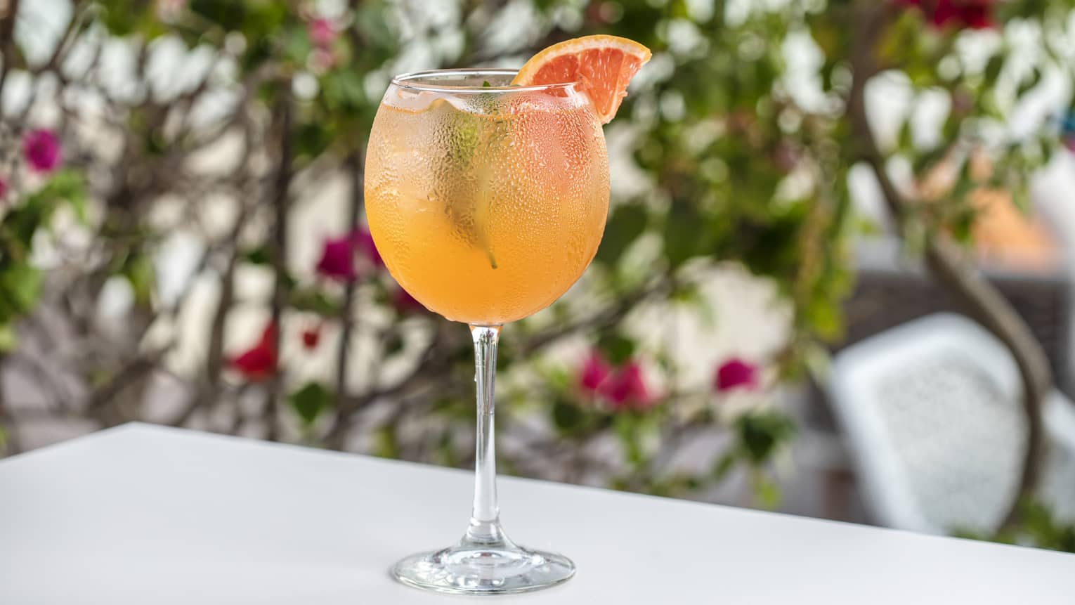 Makani Spritzer in a stemmed glass garnished with a blood orange slice