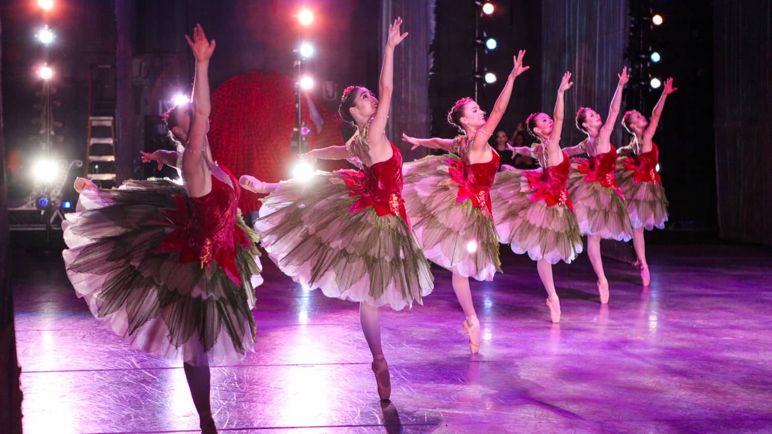 Ballet point dancers on stage in a diagonal row