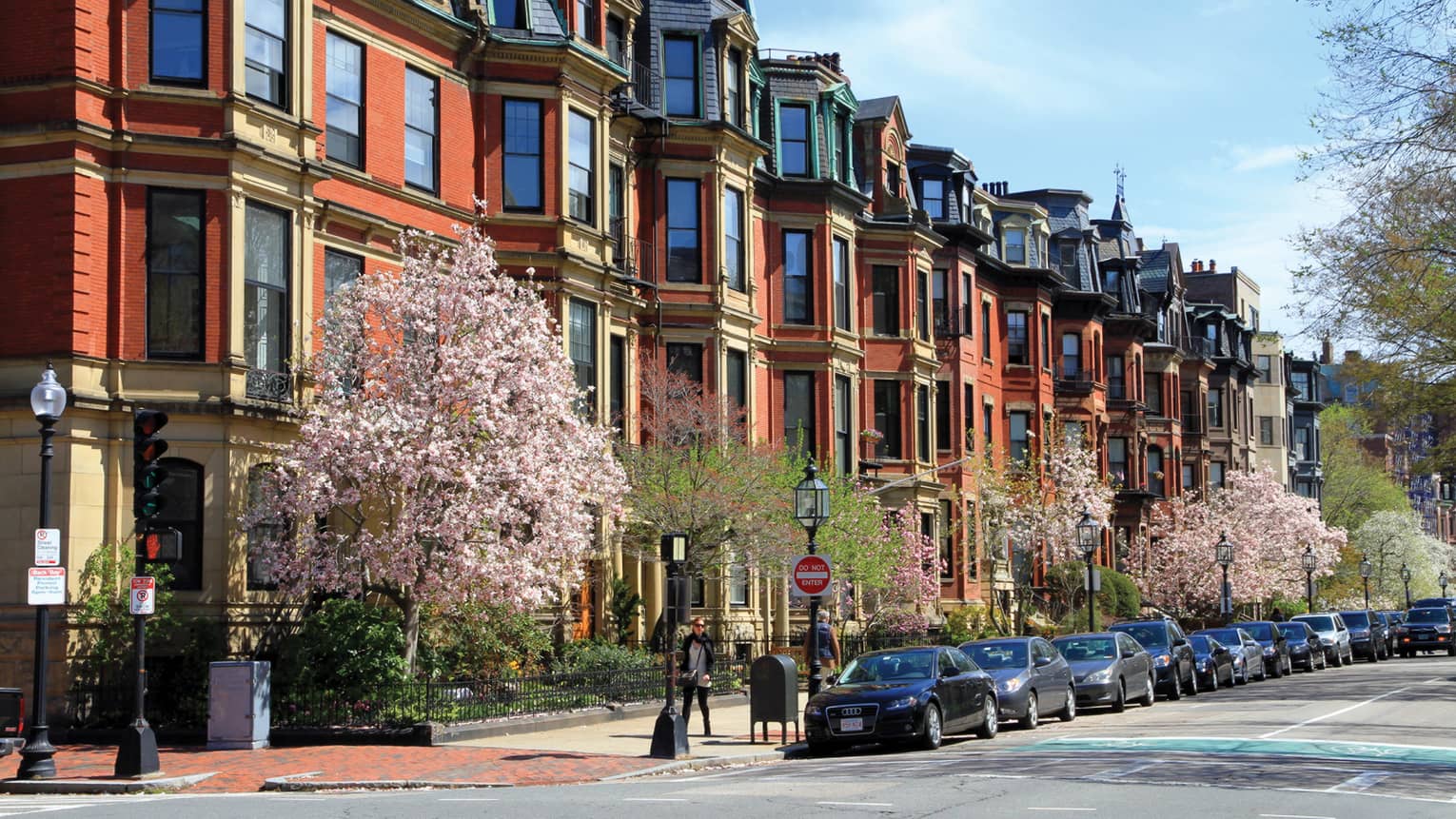 Cars are parked along a quaint residential street in boston